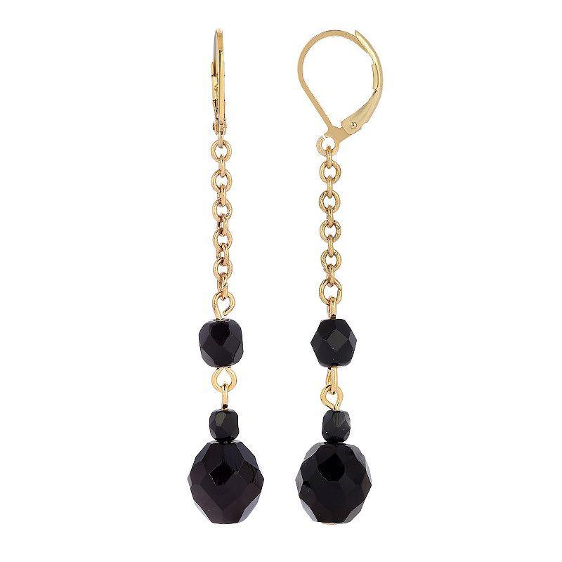 1928 Gold Tone Black Beaded Linear Drop Earrings, Womens Product Image