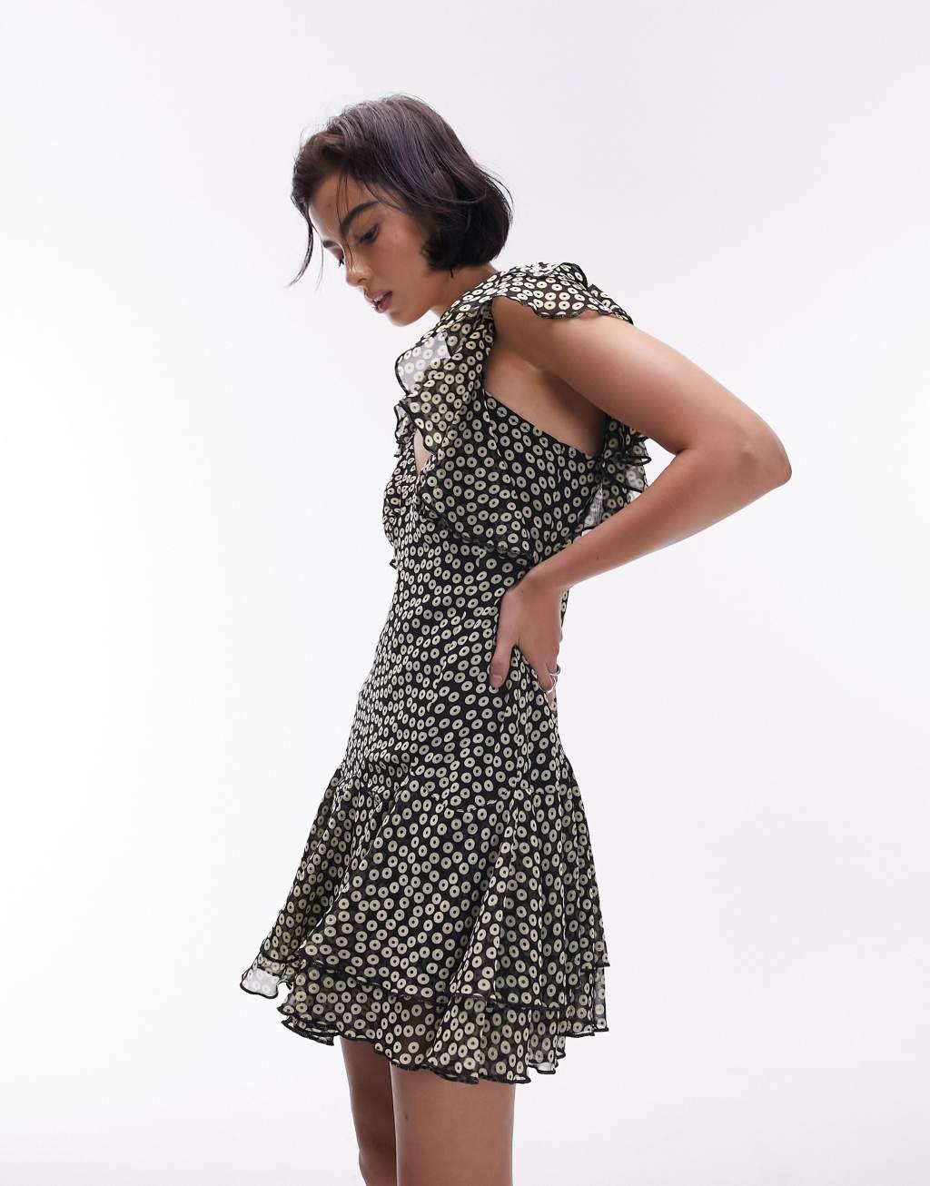 Topshop flutter sleeve tea dress in mono spot print Product Image