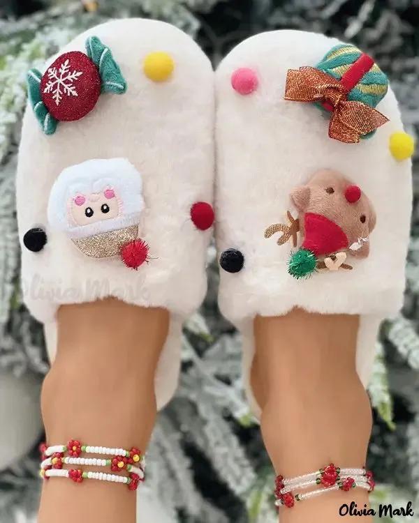 Olivia Mark – Christmas Tree Santa Elk Cartoon Pattern Fuzzy Slippers Product Image