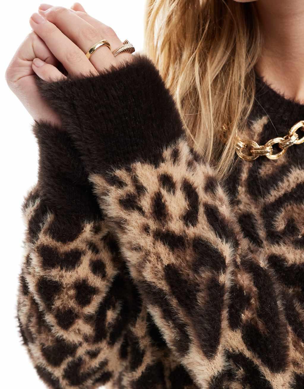 Pull&Bear fluffy knit sweater in leopard print Product Image