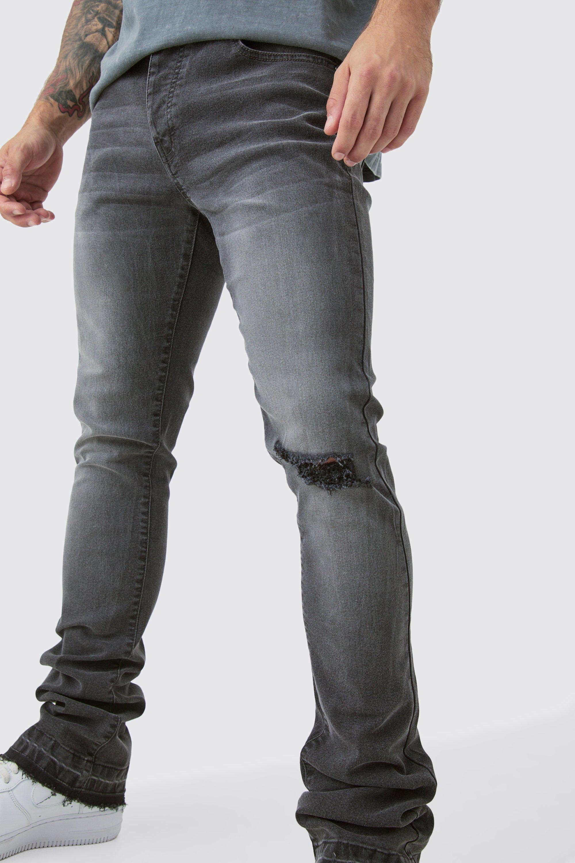 Skinny Stacked Flared Jeans With Knee Rip | boohooMAN USA Product Image