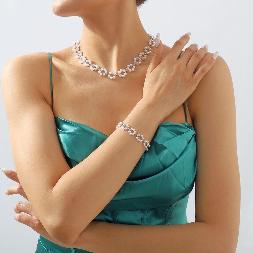 Set: Faux Pearl Beaded Necklace + Bracelet Product Image