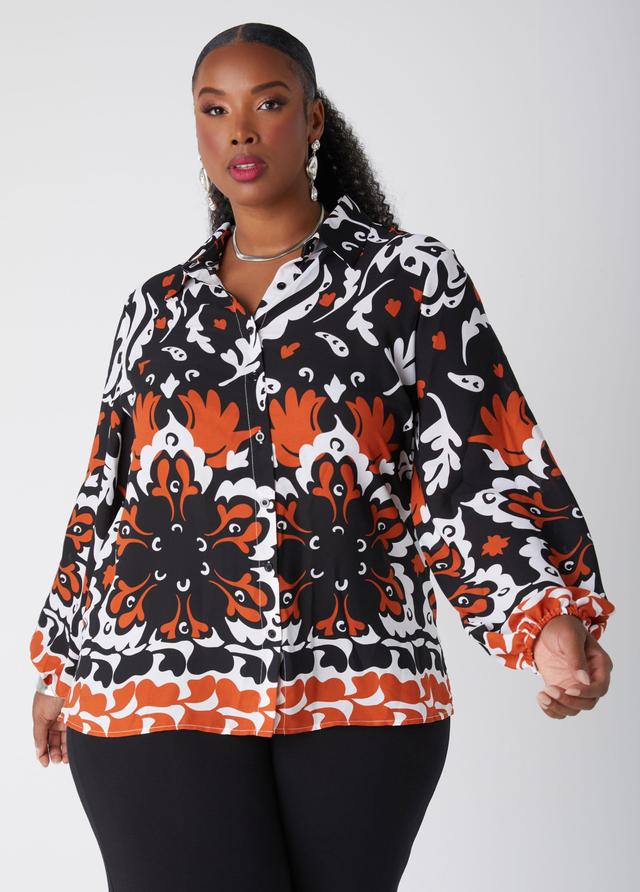 Plus Size Leaf Print Crepe Shirt Ashley Stewart Product Image