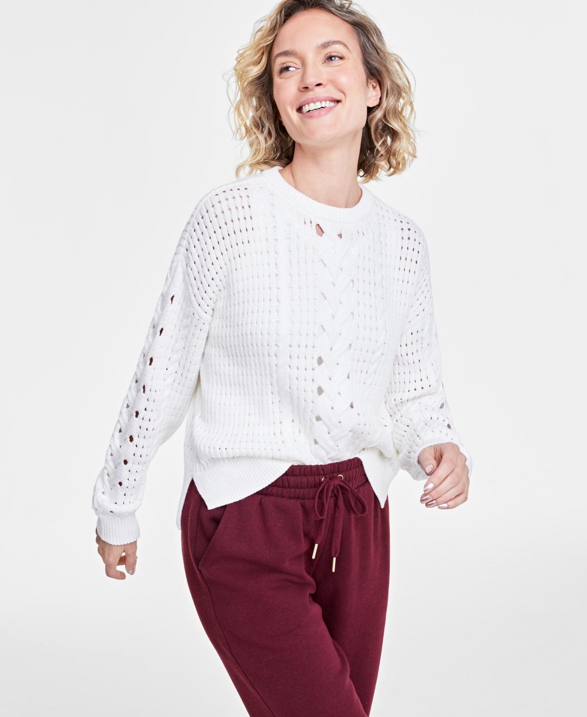 Women's Cable-Knit-Mesh Crewneck Long-Sleeve Sweater, Created for Macy's Product Image