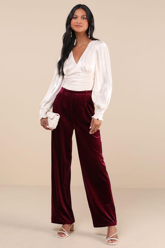 Posh Idea Plum Velvet High-Rise Straight Leg Trouser Pants Product Image