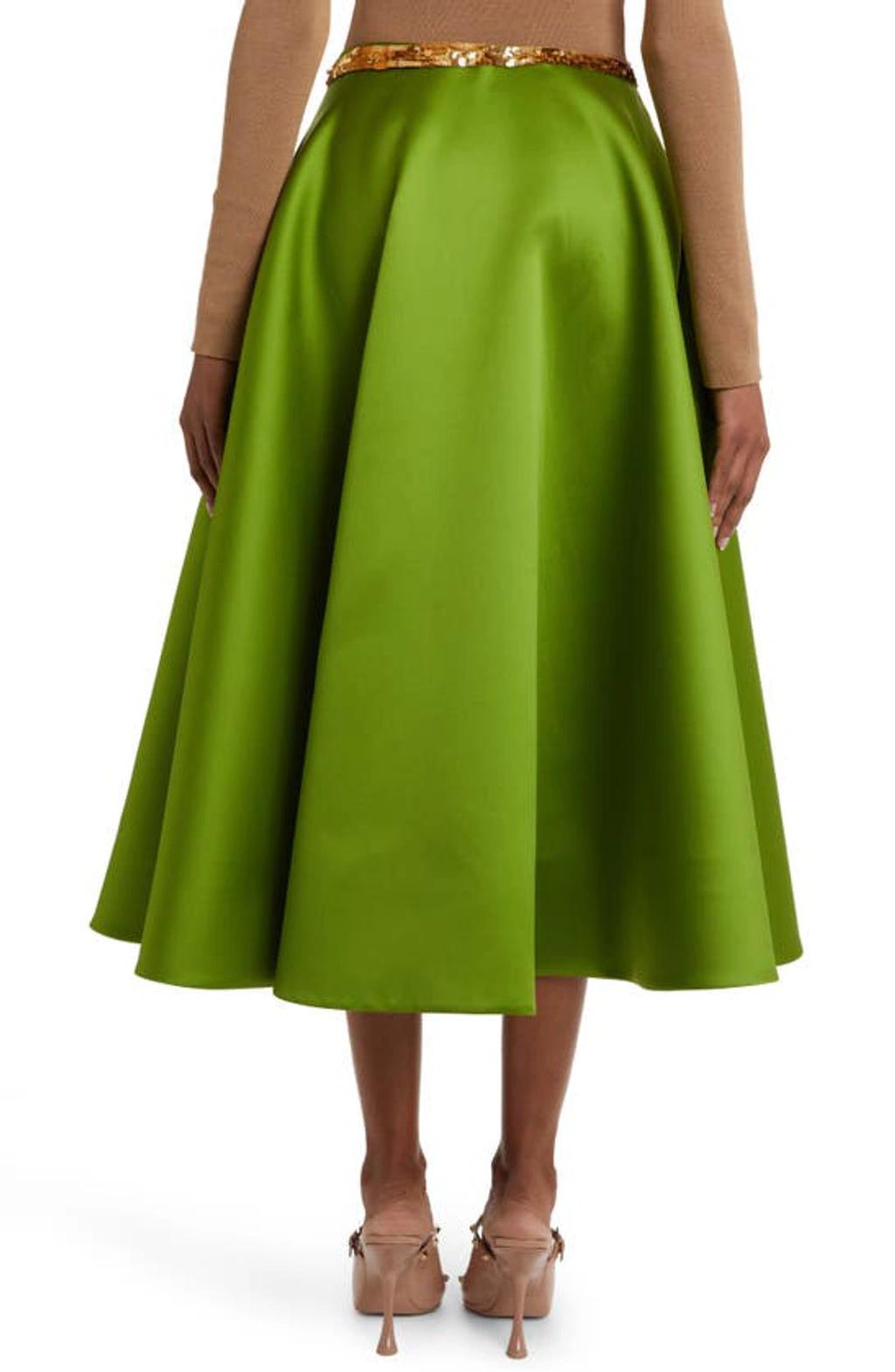 Sequin Embroidered Satin A-line Skirt In Celery Green,gold Product Image