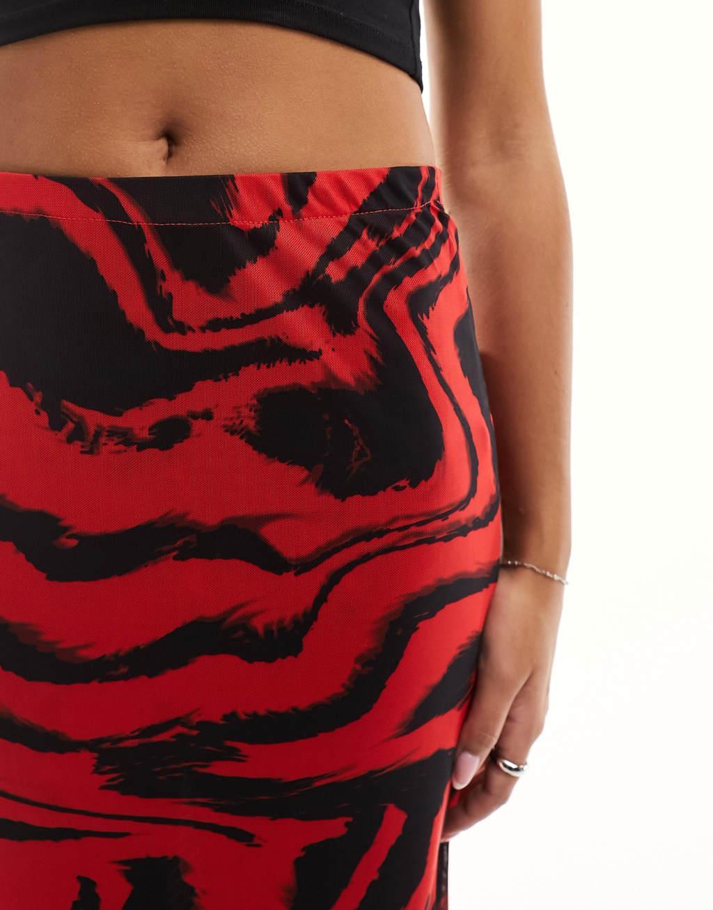 Only mesh maxi skirt in red and black swirl  Product Image