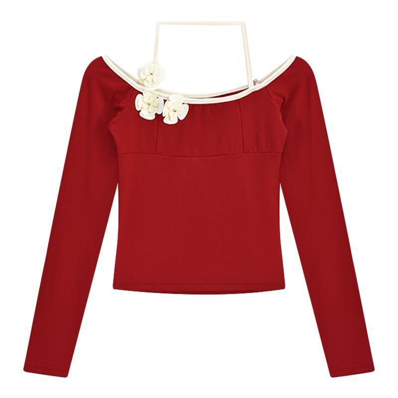 Long-Sleeve Cold-Shoulder Plain Flower Detail Tee Product Image