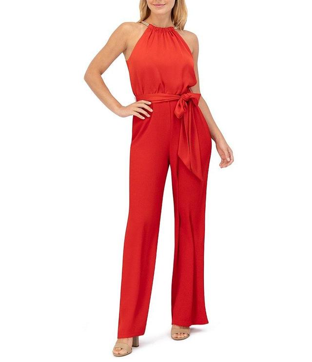 Vince Camuto Satin Halter Neck Sleeveless Tie Waist Wide Leg Full Length Jumpsuit Product Image