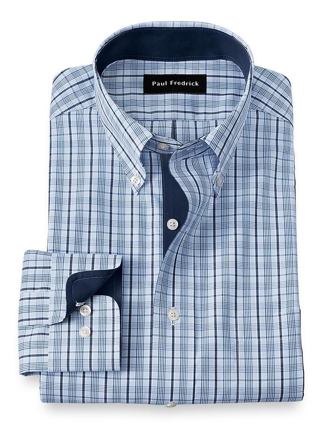 Non-Iron Cotton Glen Plaid Dress Shirt With Contrast Trim - Blue Product Image