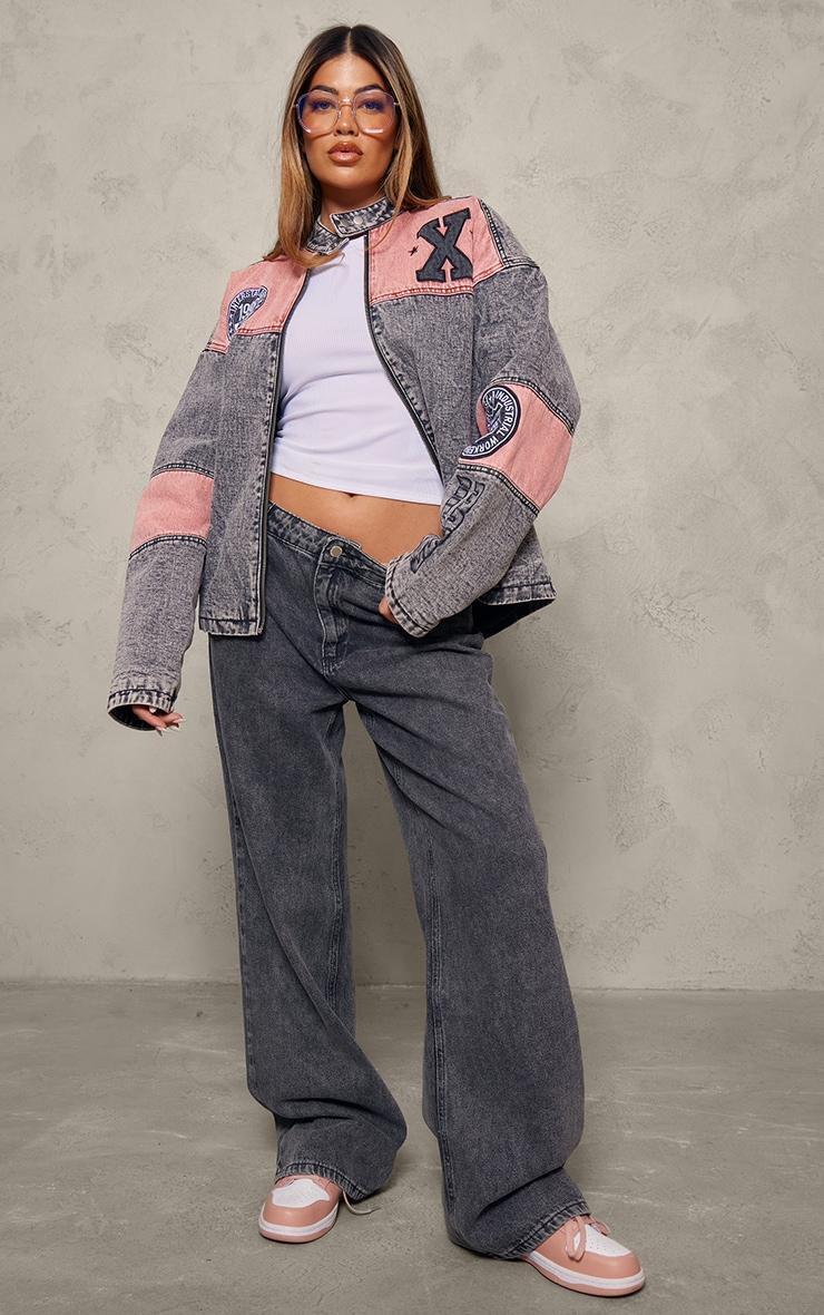 Grey Acid Wash Contrast Panel Oversized Denim Bomber Jacket Product Image