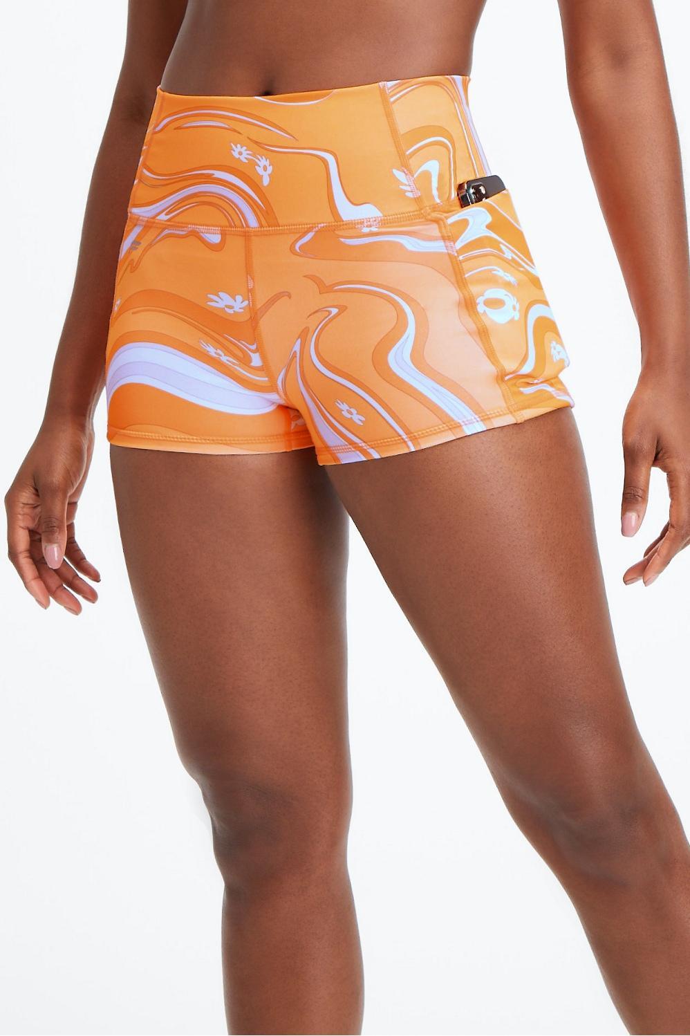 Fabletics Oasis High-Waisted 2 Short Womens Orange Pop Marble Daisy Size XL Product Image