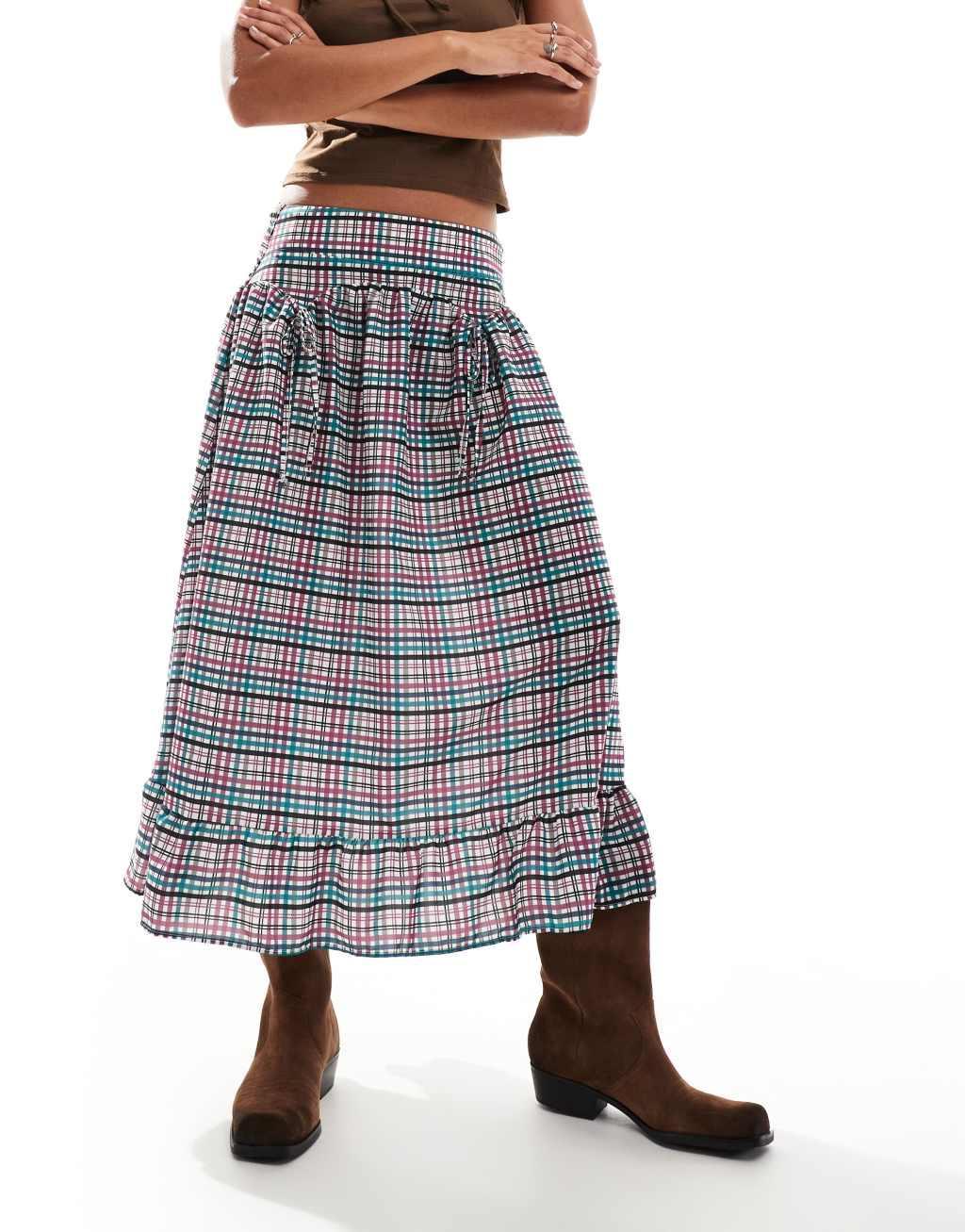 Reclaimed Vintage cowgirl midi skirt with drop waist in gingham Product Image