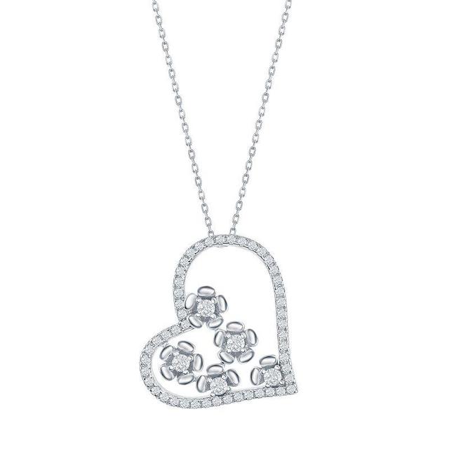 Sterling Silver Cubic Zirconia Heart & Flowers Necklace, Womens Product Image