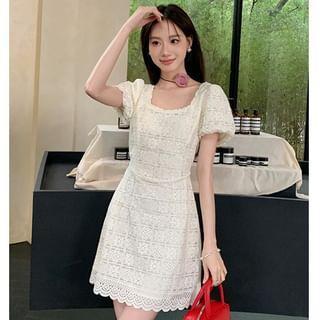 Puff-Sleeve Square Neck Patterned Lace Trim Mini A-Line Dress Product Image