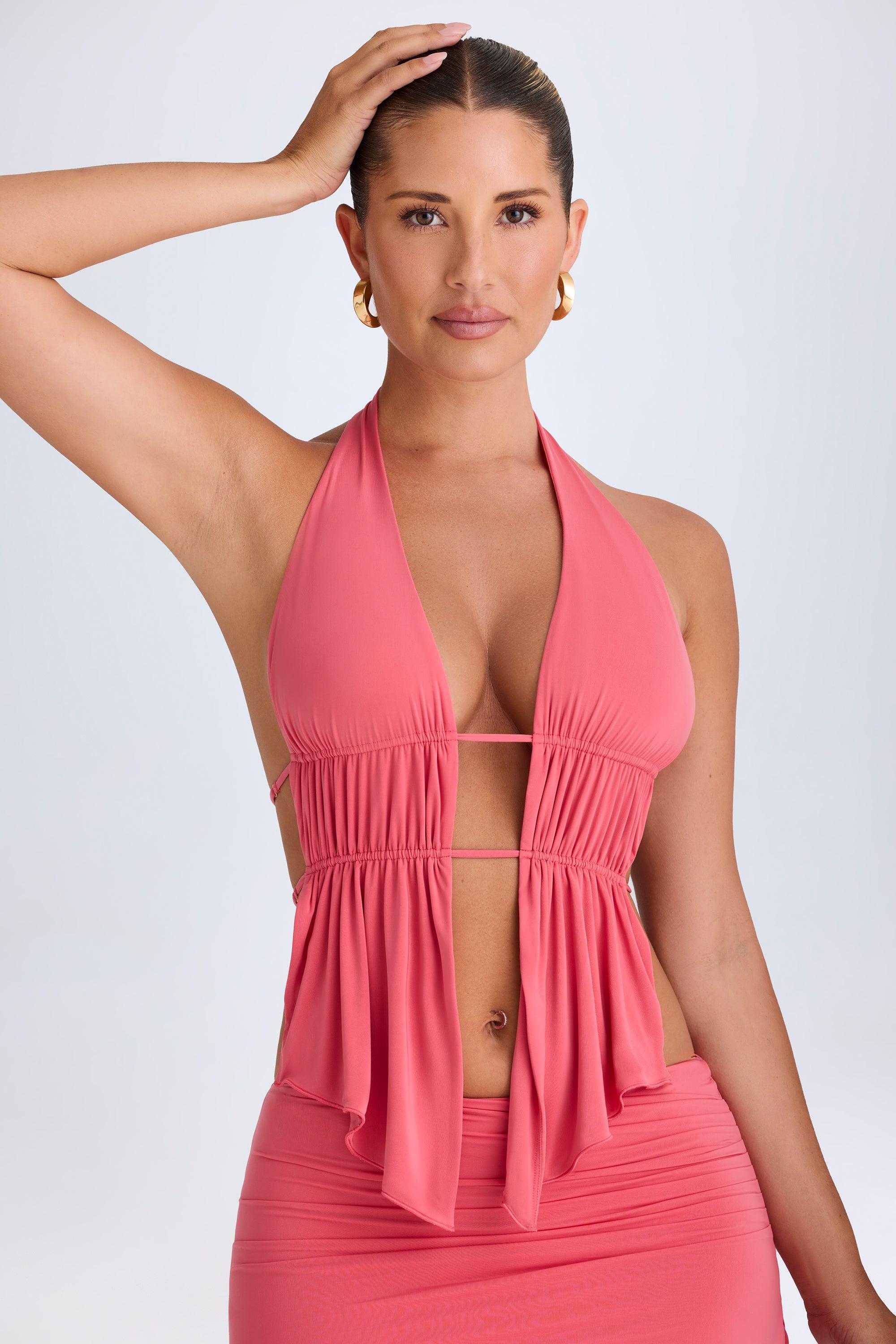 Cut-Out Ruched Halterneck Crop Top in Coral Product Image