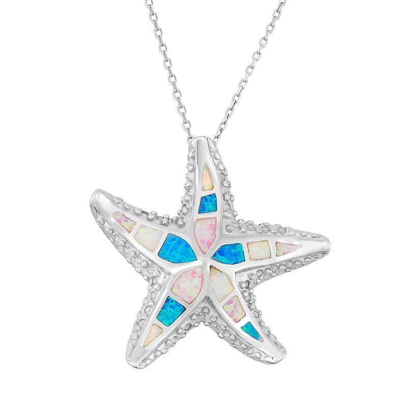 Sterling Silver Lab-Created Opal Starfish Pendant Necklace, Womens Multicolor Product Image