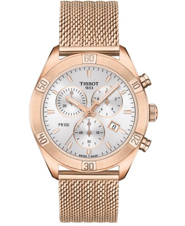 Tissot Womens Swiss Chronograph Pr 100 Sport Chic T-Classic Rose Gold-Tone Stainless Steel Mesh Bracelet Watch 38mm - Rose Gold Product Image