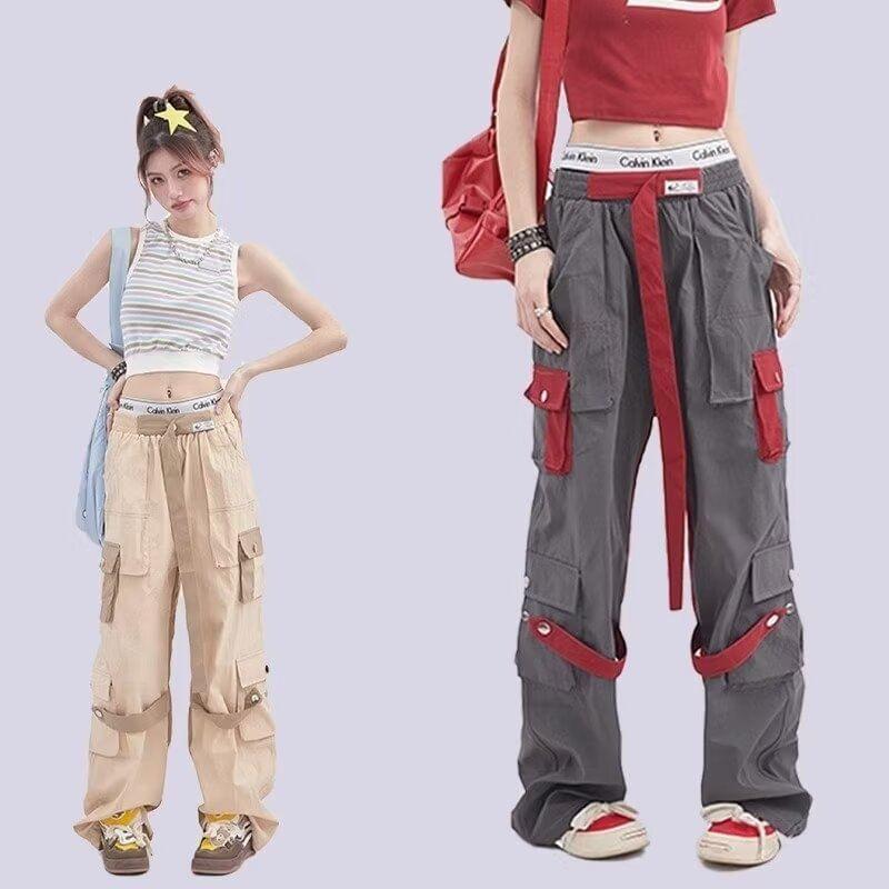 Elastic Waist Two Tone Wide Leg Cargo Pants Product Image