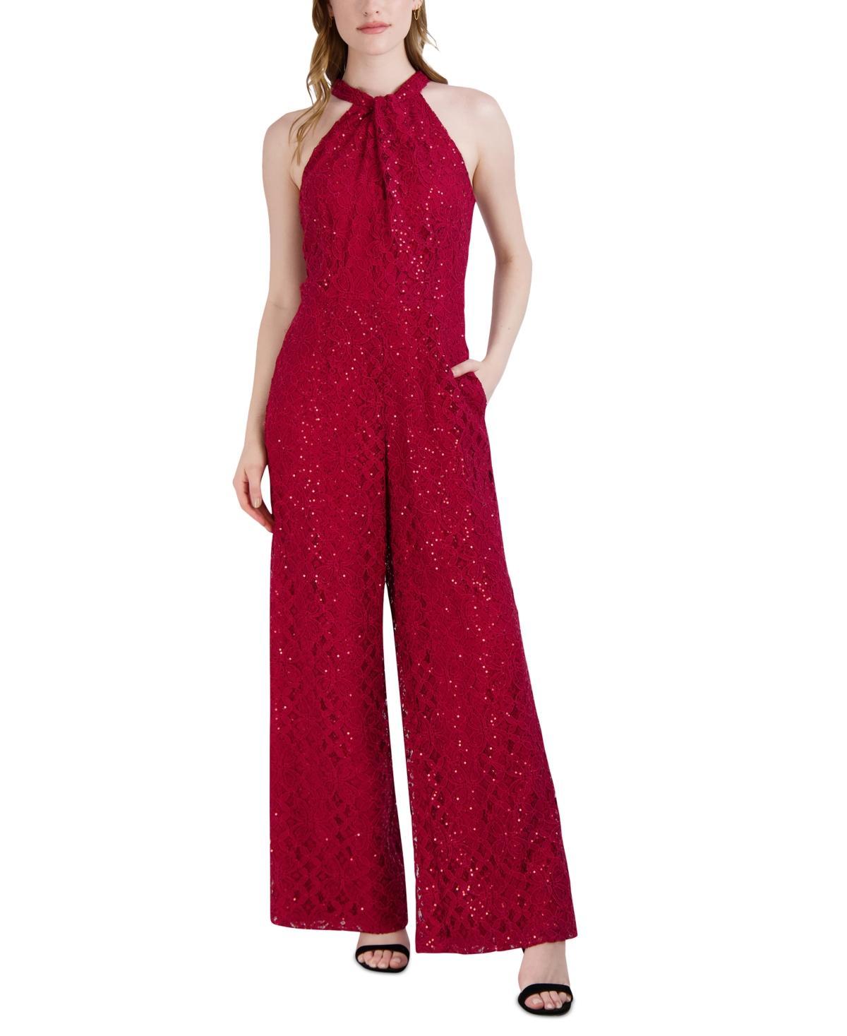 julia jordan Womens Sequin-Lace Halter Twist-Neck Jumpsuit Product Image