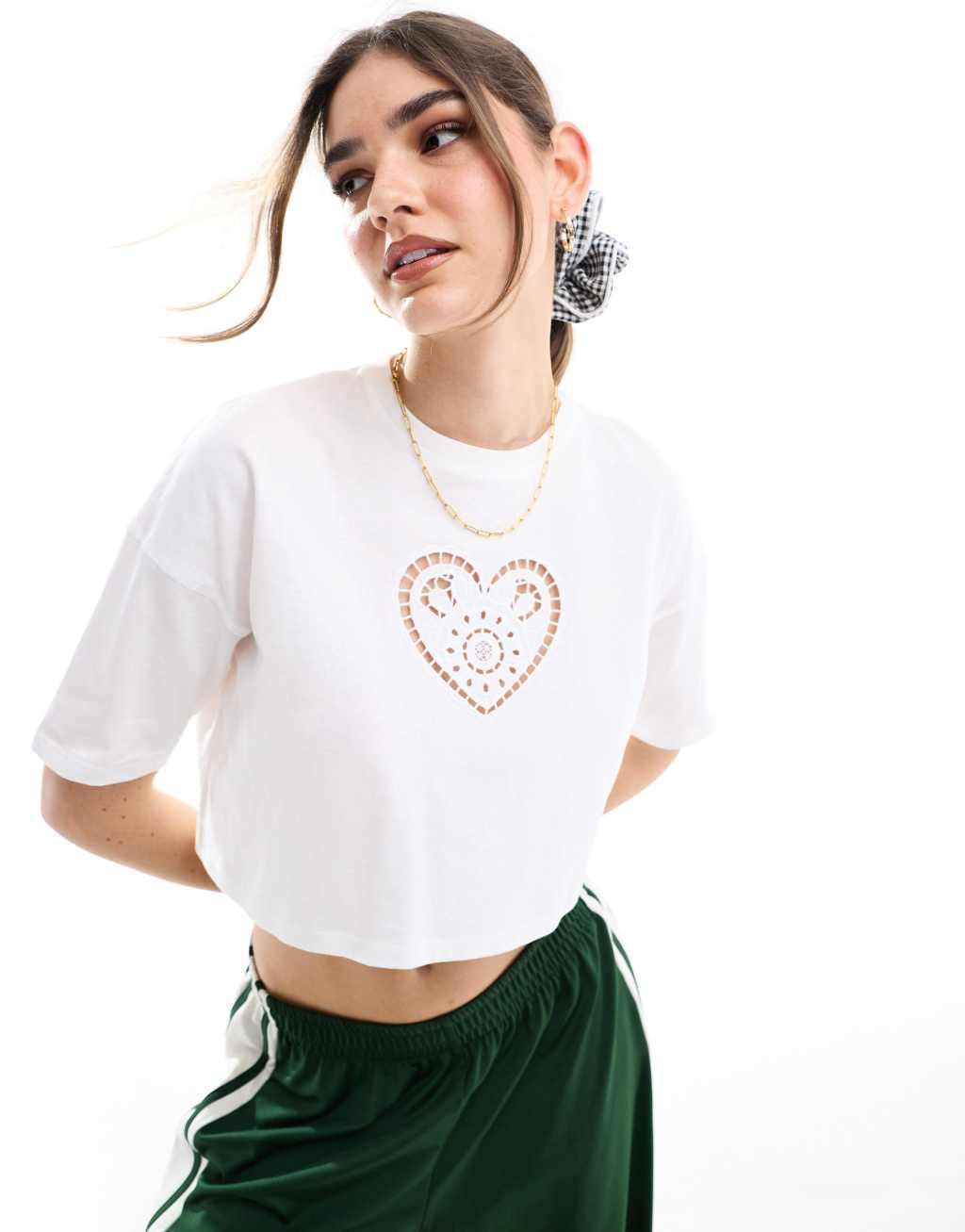 Miss Selfridge short sleeve cropped t-shirt with heart eyelet detail in white Product Image