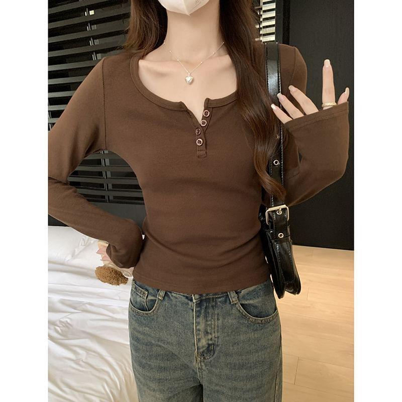 Long Sleeve Henley Plain T-Shirt Product Image