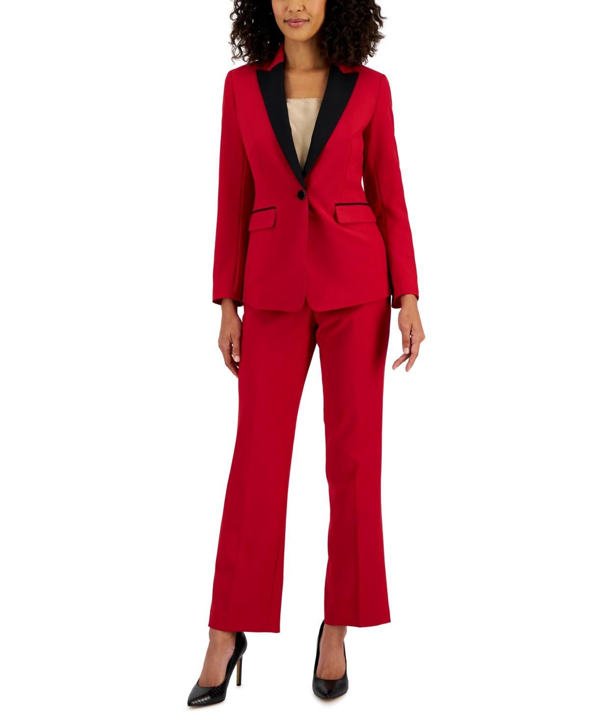 Le Suit Womens Crepe Contrast-Collar Jacket & Kate Straight-Leg Pants - Black Product Image