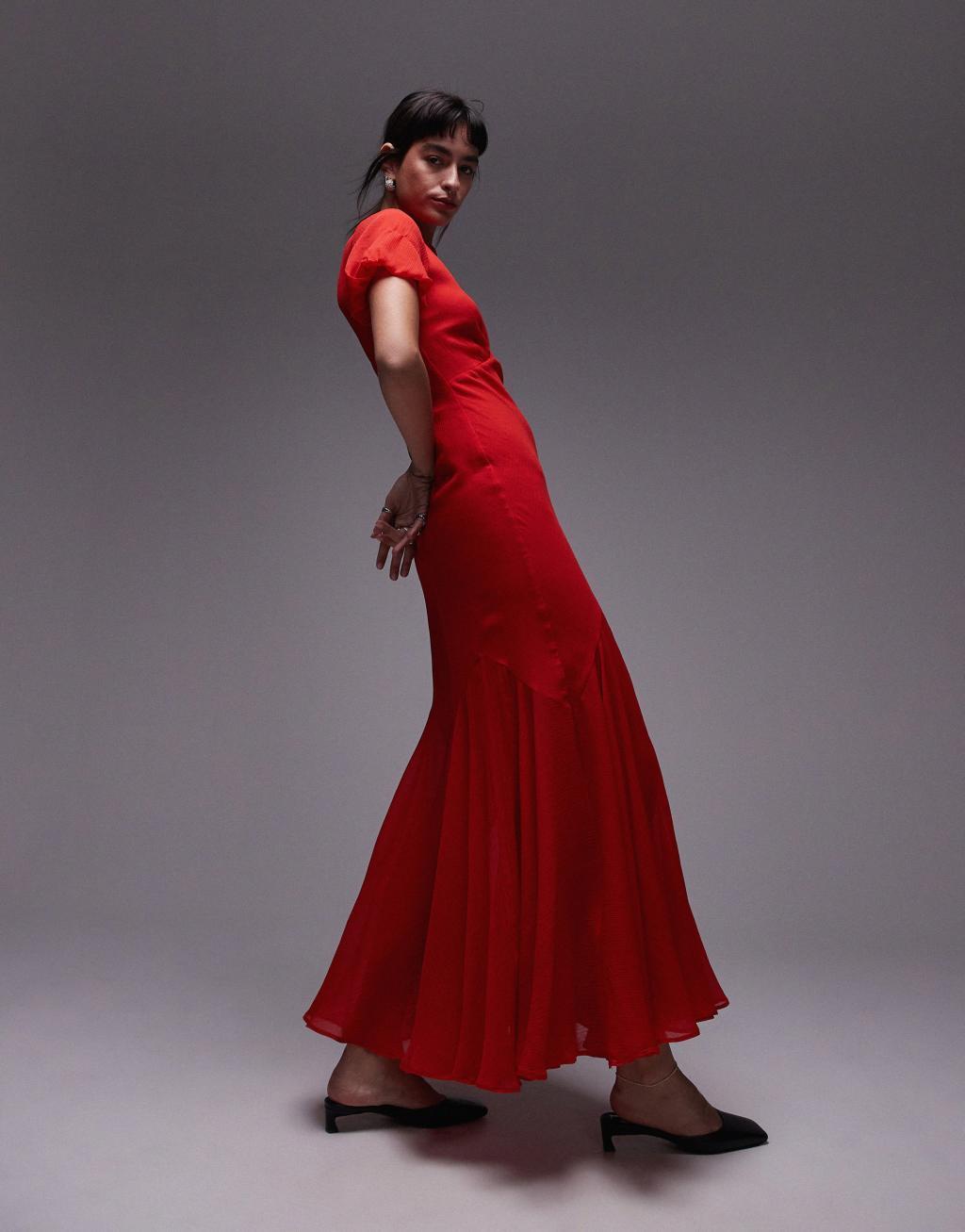 Topshop puff sleeve volume hem maxi dress in red Product Image