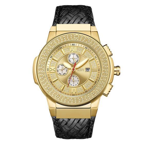 Men's JBW Saxon 1/6 CT. T.w. Diamond and Crystal 18K Gold Plate Strap Watch with Gold-Tone Dial (Model: Jb-6101L-J) Product Image