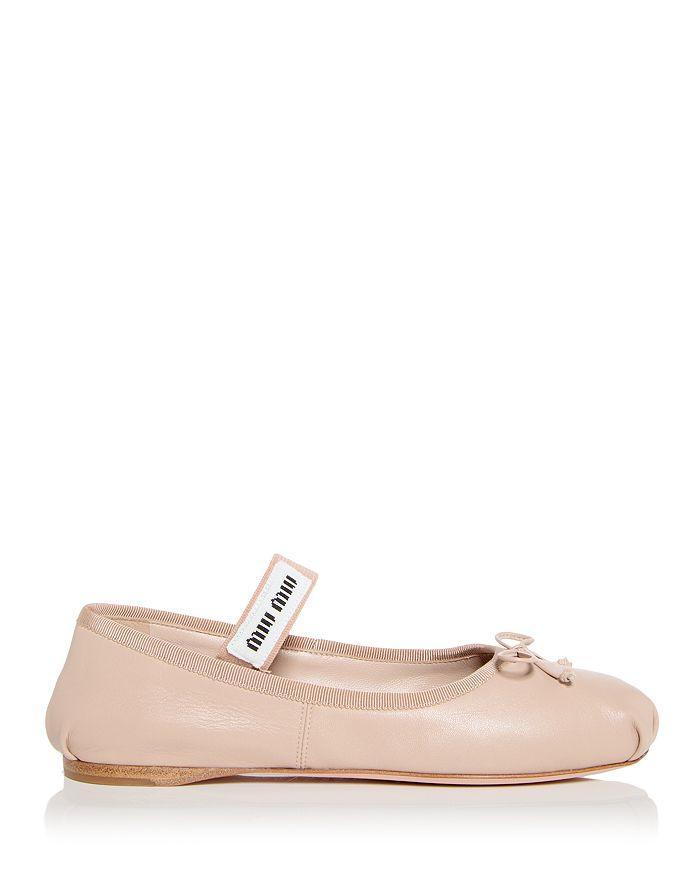 MIU MIU Logo-patch Satin Ballet Flats In Nude & Neutrals Product Image