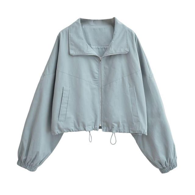 Stand Collar Plain Drawstring Zip Jacket Product Image