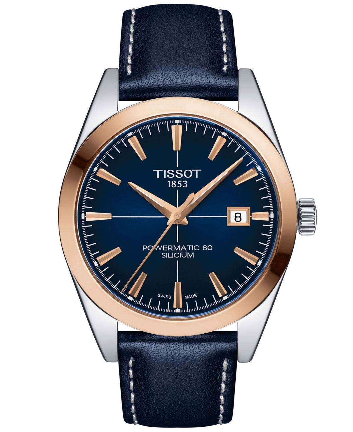 Tissot Mens Swiss Automatic Gentleman Powermatic 80 Silicium Blue Leather Strap Watch 40mm Product Image