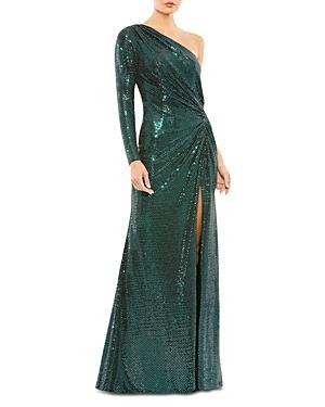 One Shoulder Sequined Gown In Green Product Image