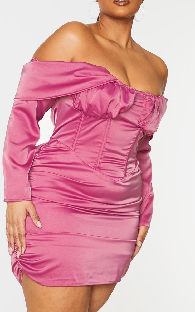 Plus Pink Satin Drape Bardot Sleeve Ruched Back Bodycon Dress Product Image