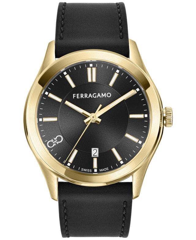 Salvatore Ferragamo Mens Swiss Classic Black Leather Strap Watch 42mm - Ip Yellow Gold Product Image