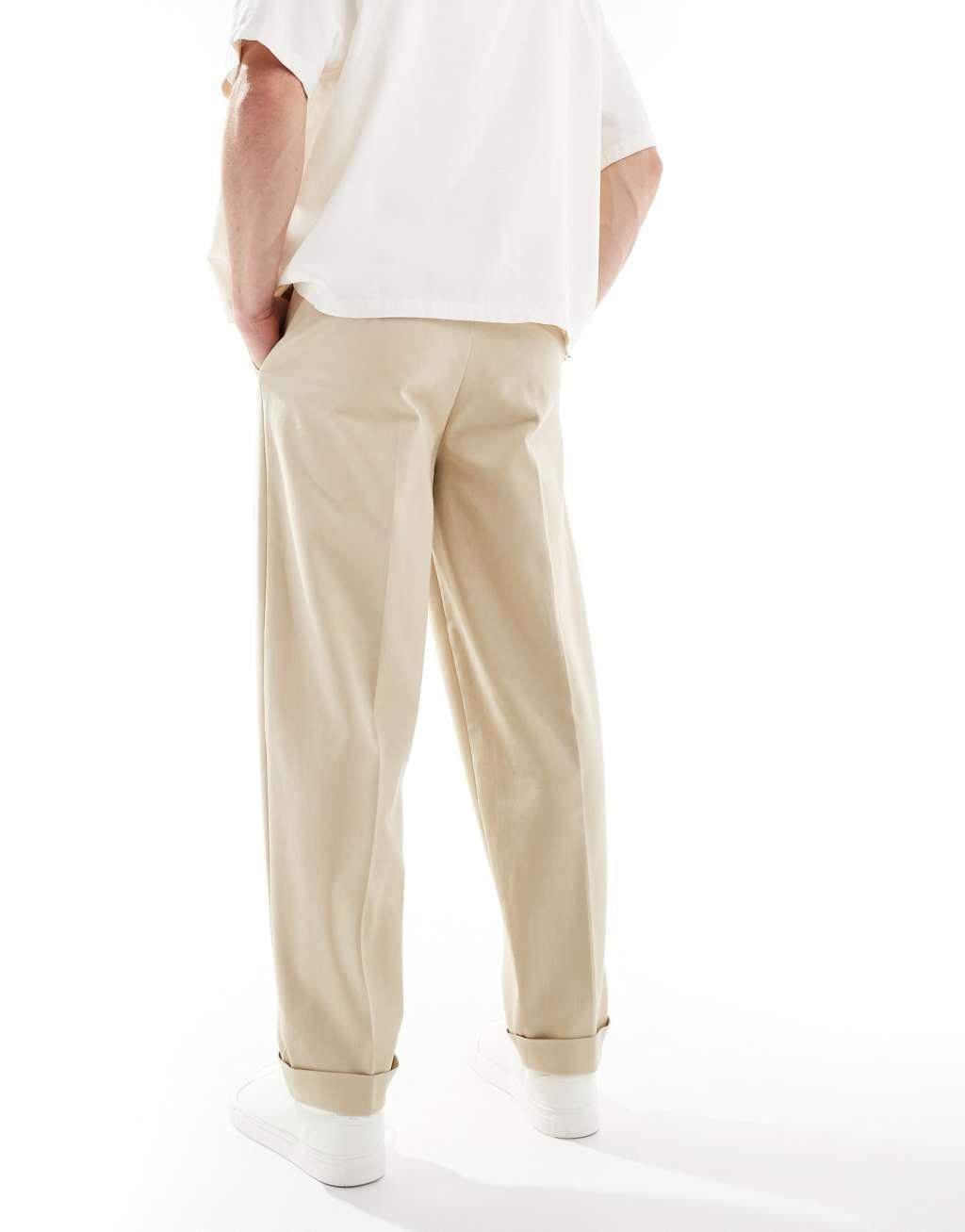 ASOS DESIGN smart premium cotton oversized tapered chino pants in stone Product Image