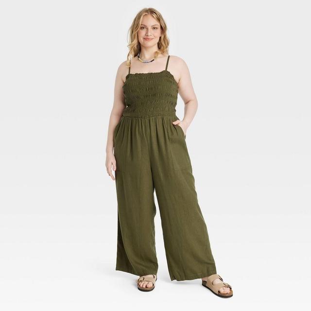 Womens Smocked Linen Maxi Jumpsuit - Universal Thread Olive Green 1X Product Image