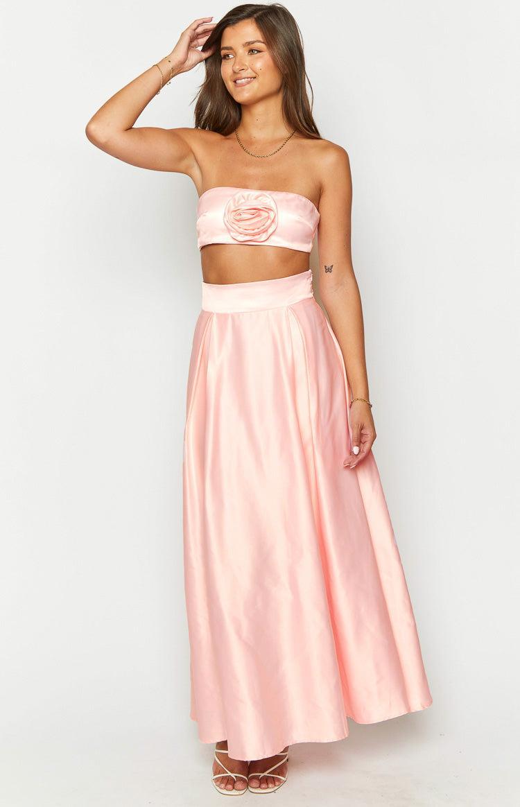 Nakiyah Pink Satin High Waisted Maxi Skirt Product Image