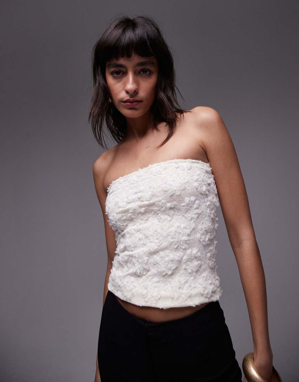 Topshop textured floral bandeau in cream Product Image