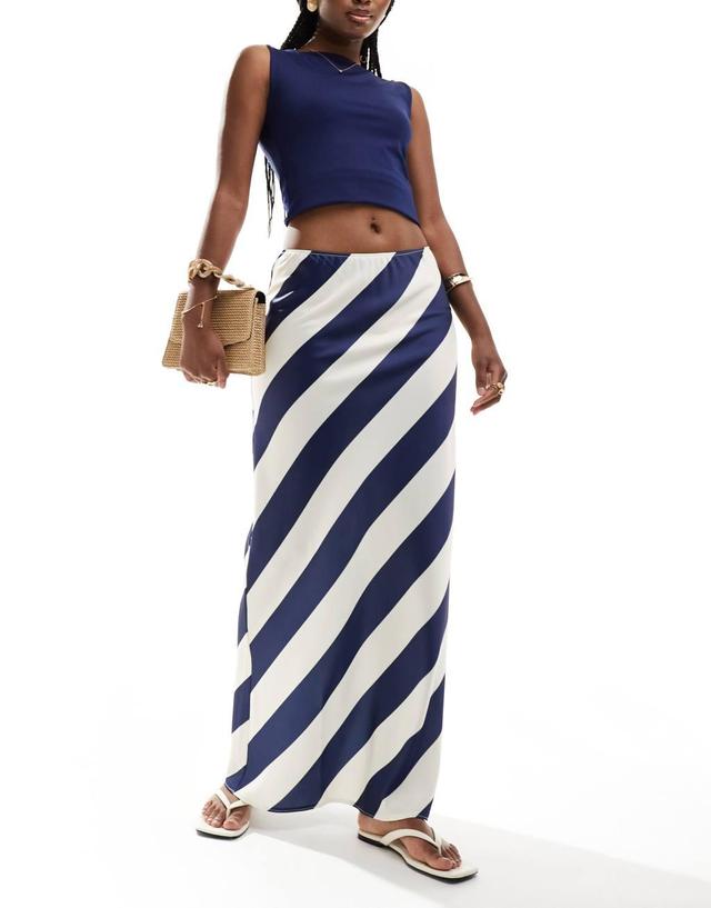 ASOS DESIGN satin bias cut maxi skirt in navy stripe Product Image