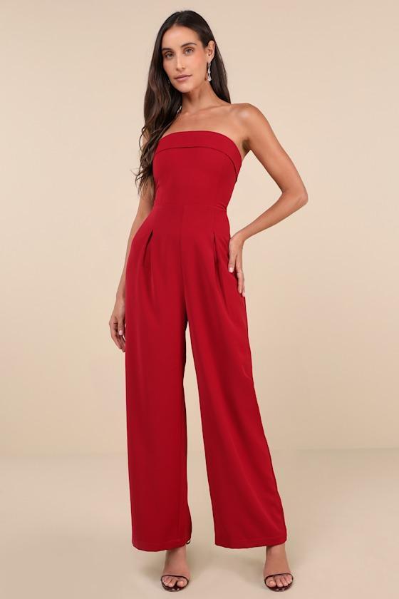 Upscale Silhouette Dark Red Twill Wide-Leg Strapless Jumpsuit Product Image