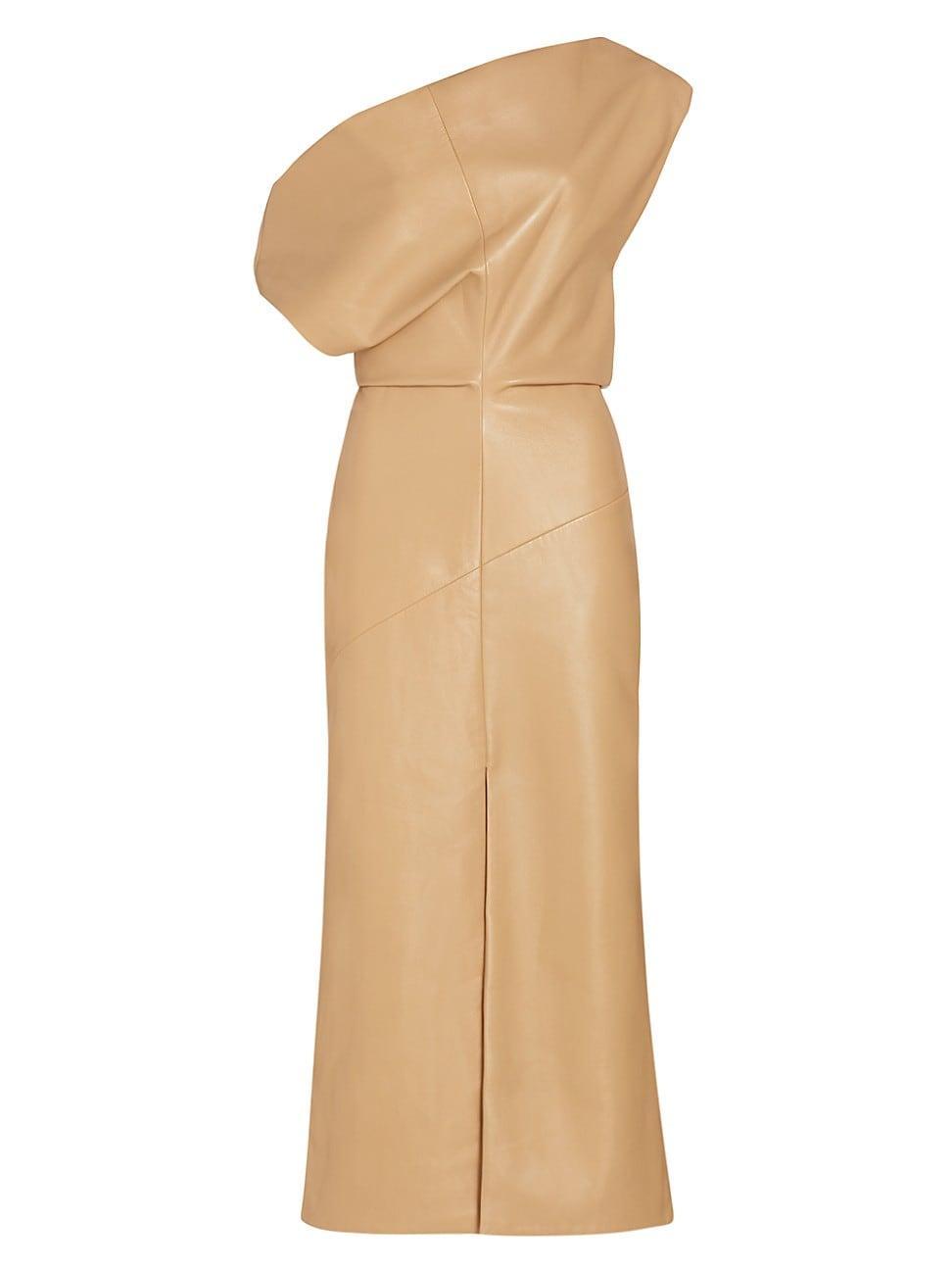 Womens Off-The-Shoulder Leather Midi-Dress product image