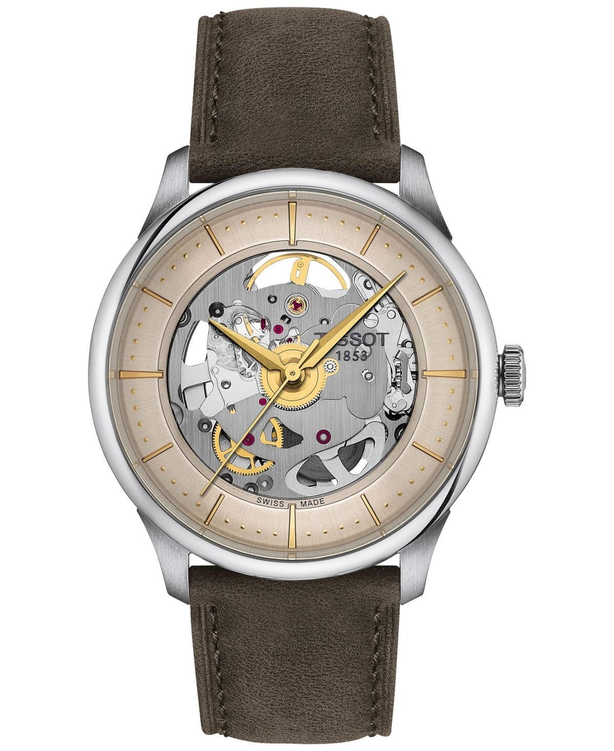 Tissot Mens Swiss Automatic Chemin Des Tourelles Skeleton Brown Leather Strap Watch 39mm Product Image