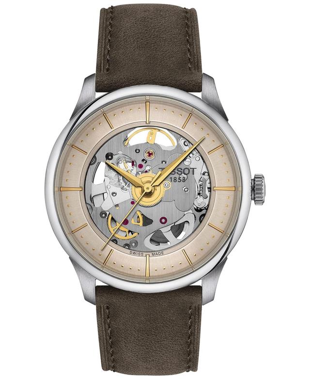 Tissot Mens Swiss Automatic Chemin Des Tourelles Skeleton Brown Leather Strap Watch 39mm Product Image