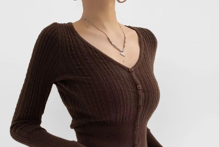 V-Neck Plain Ribbed Crop Cardigan Product Image