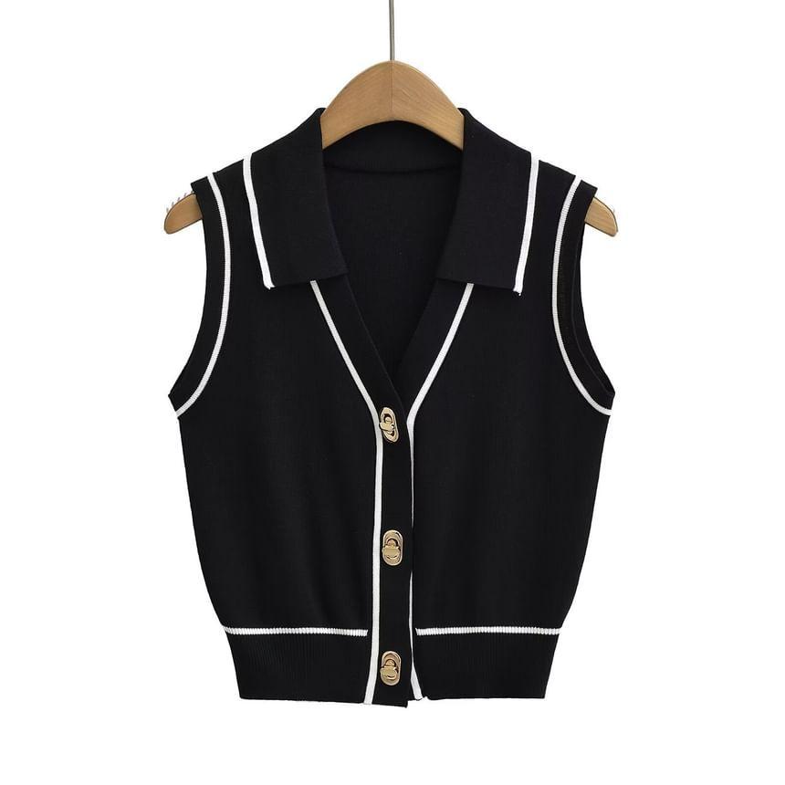 Contrast Trim V-Neck Collared Button-Up Knit Sweater Vest Product Image