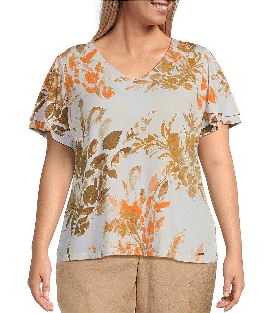 Calvin Klein Plus Size Floral Woven V-Neck Short Flutter Sleeve Top Product Image