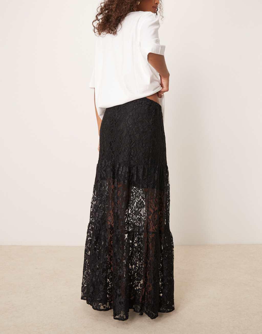 ASOS DESIGN lace tiered maxi skirt with lining in black Product Image