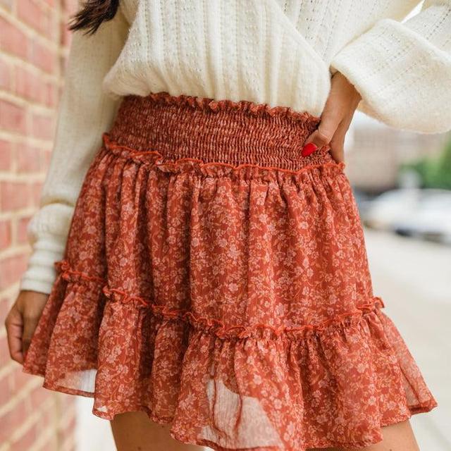 Couldn't Be Better Rust Multi Smocked Waist Floral Skirt Product Image