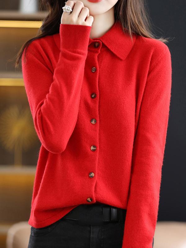 Casual Loose Long Sleeves Buttoned Solid Color Lapel Collar Cardigan Tops Product Image